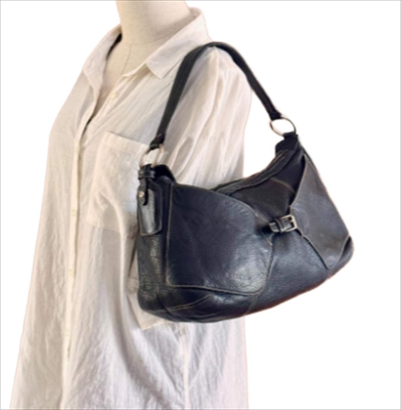 BALLY Grain Leather Shoulder Bag Hobo Black Size: W:15.7 × H:7.9 in.
