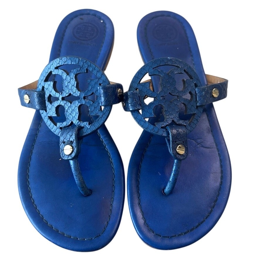 Tory Burch Miller Laguna Blue Snake Embossed Sandals Size 7.5