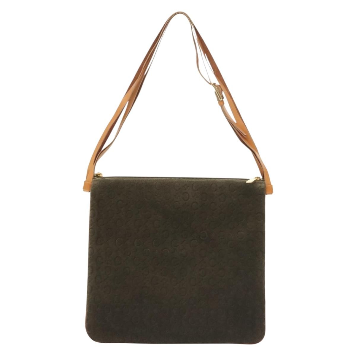 CELINE C Macadam Canvas Shoulder Bag Suede Brown Gold Auth 139556
