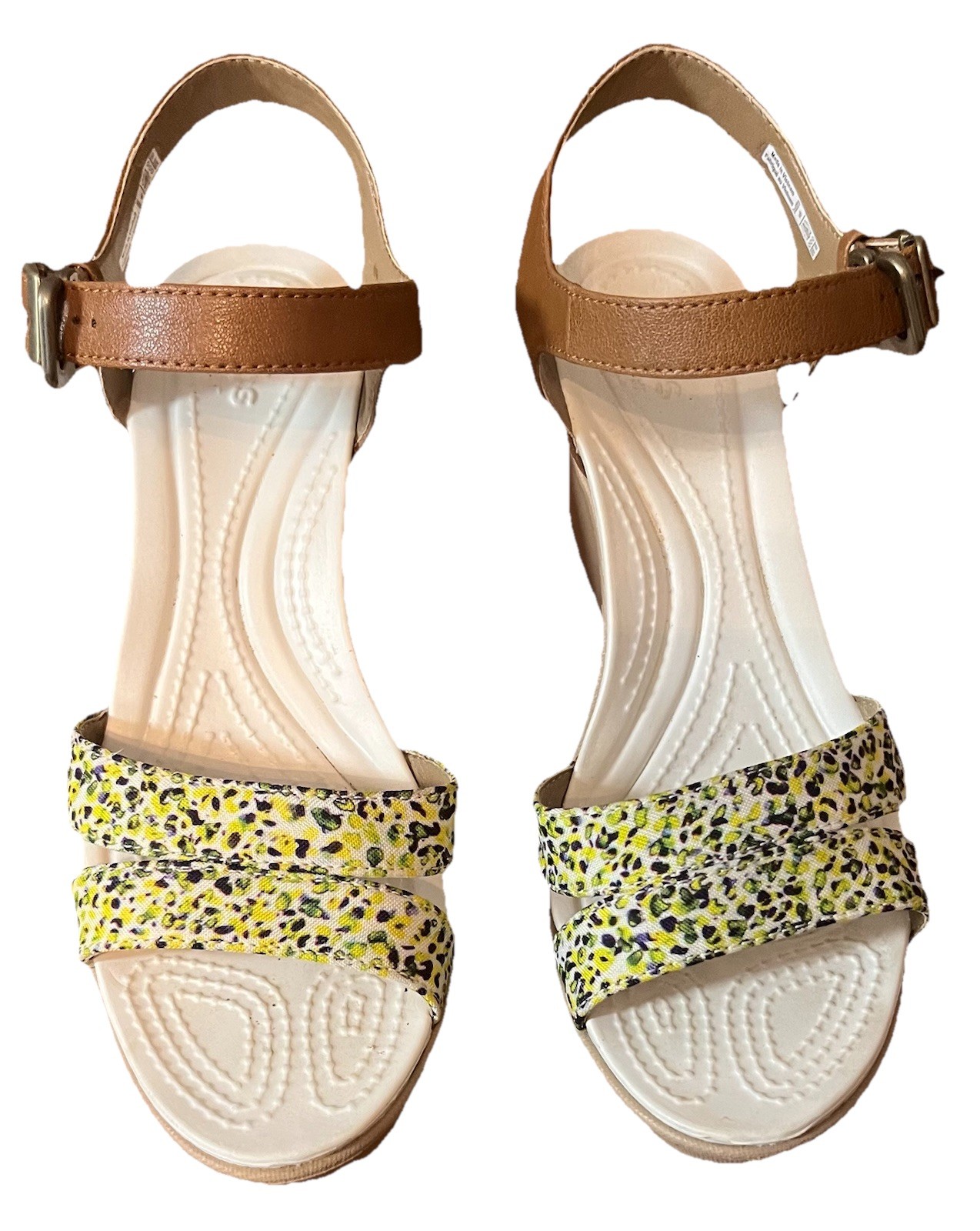 Crocs Women’s Wedge Sandals Size 9 M Yellow Patterned Open Toe Ankle Strap Shoe