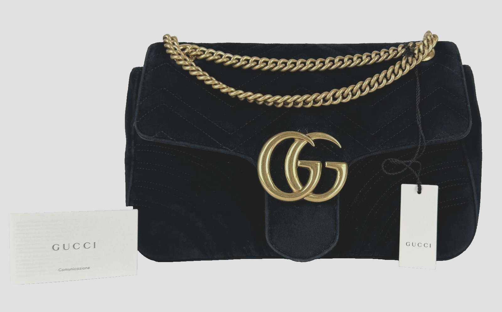 Gucci Auth Black Double G Marmont Medium Velvet Crossbody Shoulder Chain GG Bag