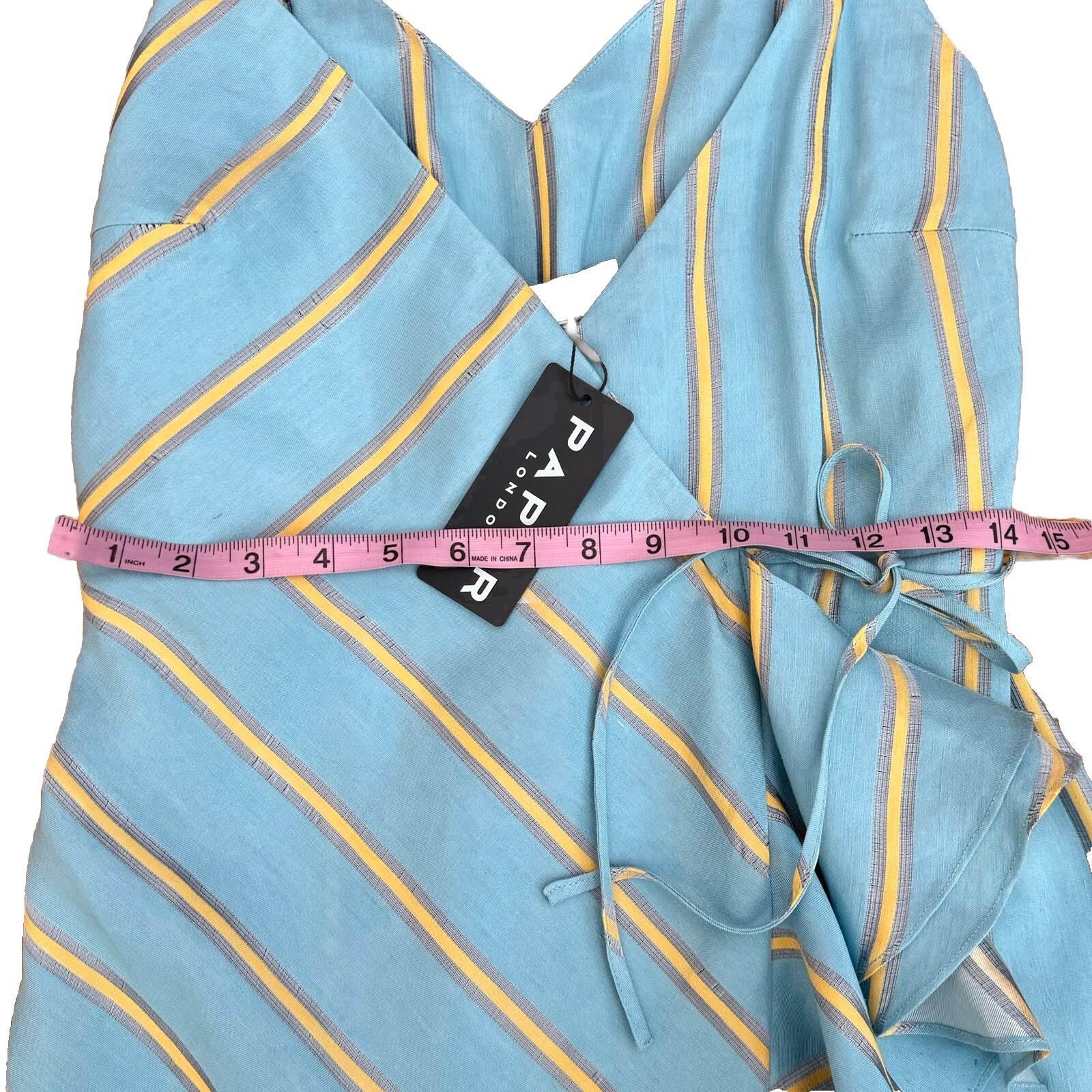 PAPER LONDON NWT Peonie Ruffled Striped Linen Rayon Midi Wrap Dress Blue Size 4