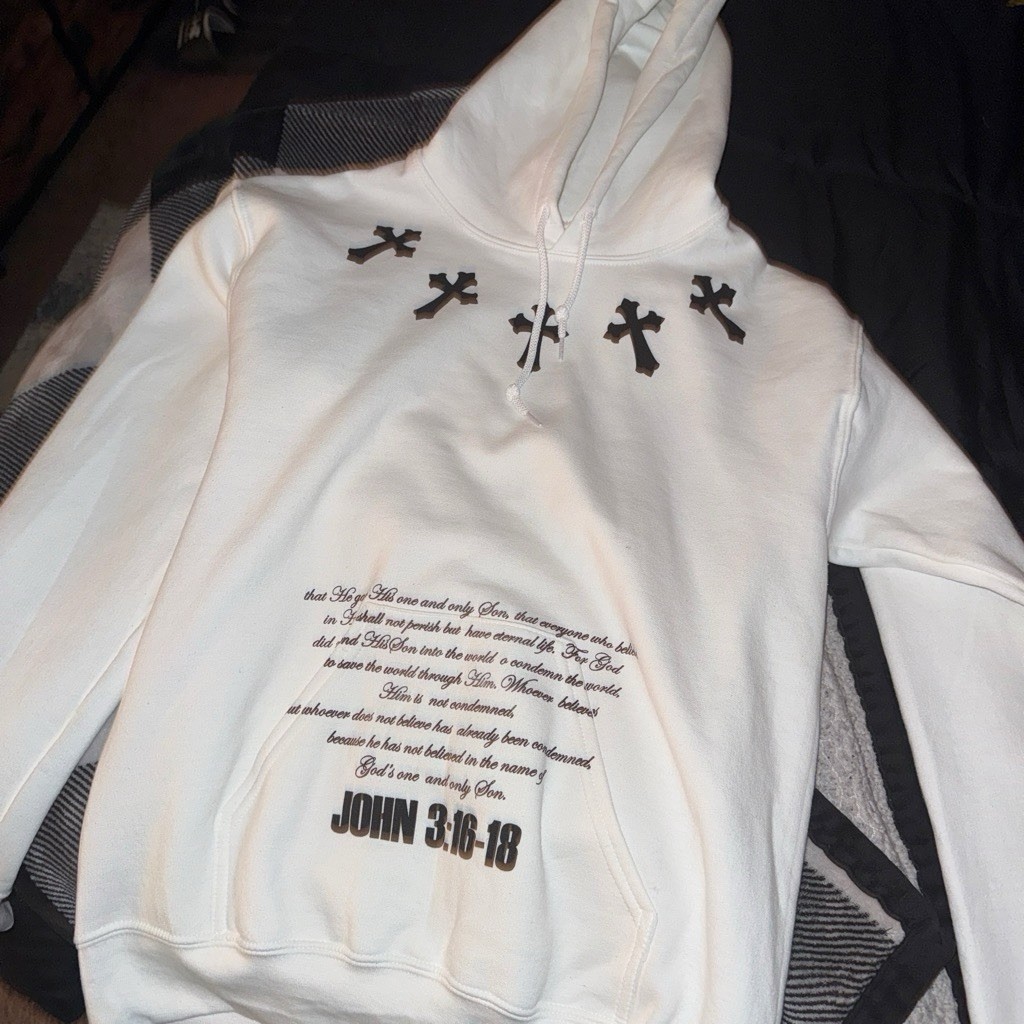 White Religious Graphic Print Pullover Hoodie Size S Unisex Adult John 3:16-18
