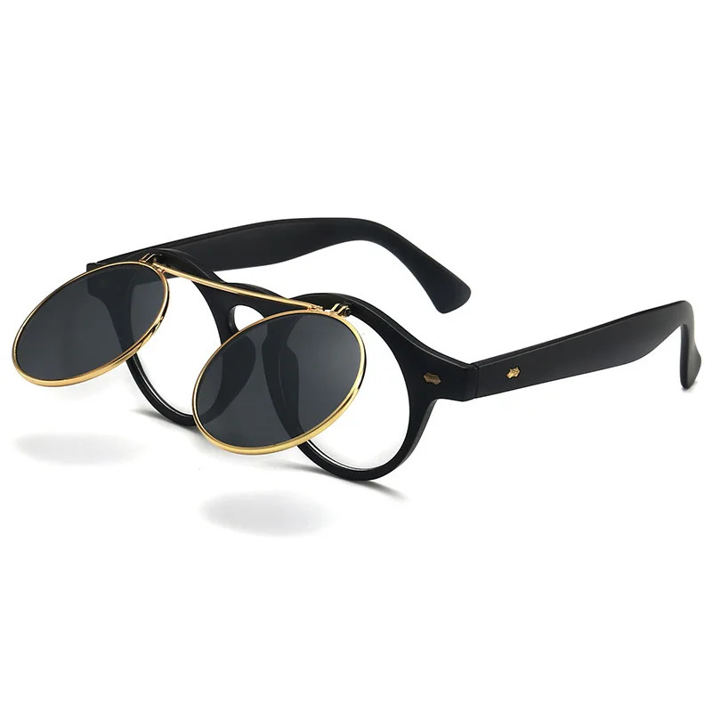 New Vintage Flip Cover Round Sunglasses Women Men Circular Sun Glasses Female