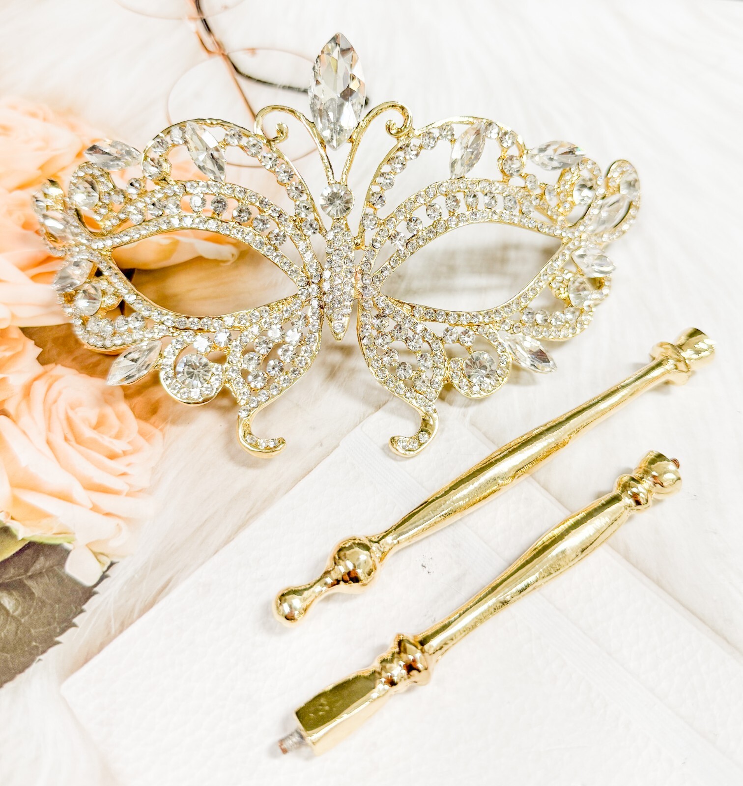 Crystal Mask with Stick, Prom Mask, Masquerade Ball Mask, Met Gala Gold Mask