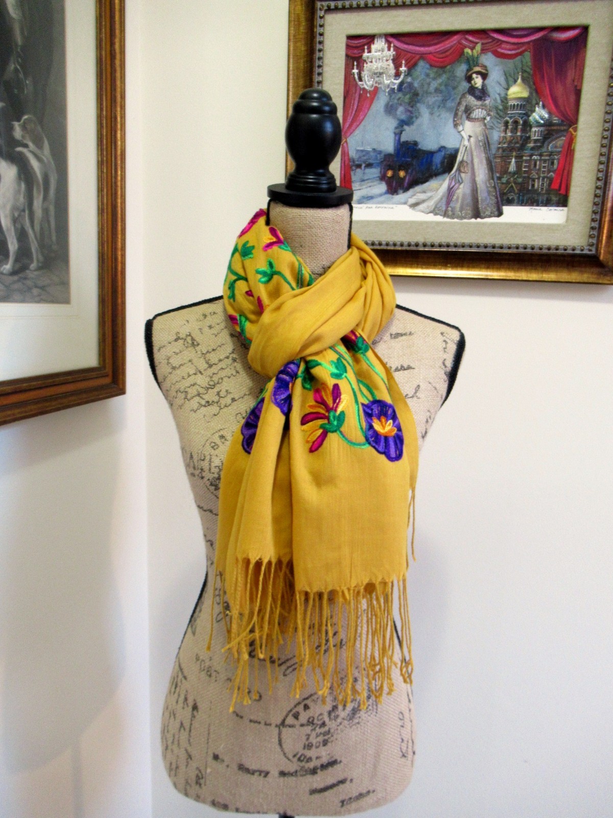 MEXICAN EMBROIDERED SOFT FRINGED SHAWL REBOZO WRAP 76 X 28 – MADE in MEXICO