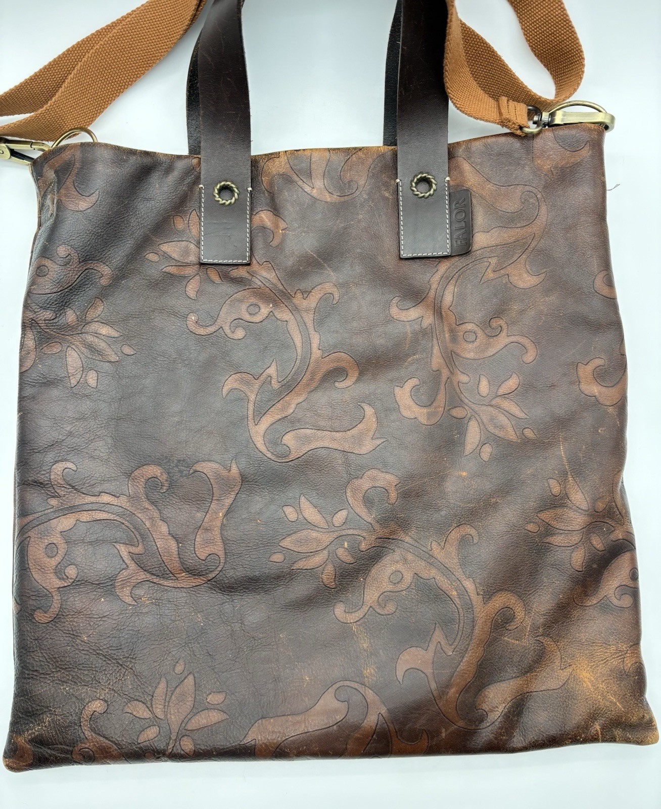FALOR Italy Tote Bag, Tan Brown Leather Embossed Paisley Large Bag, 16″ x 16″