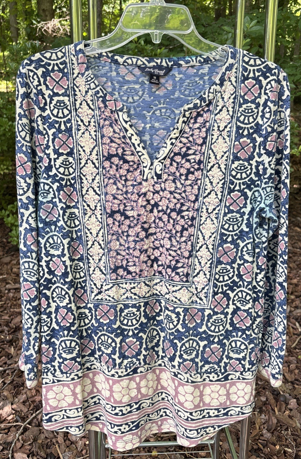 M Lucky Brand Boho Hippie Tribal Print Top Blouse Blue Purple Beige Lightweight