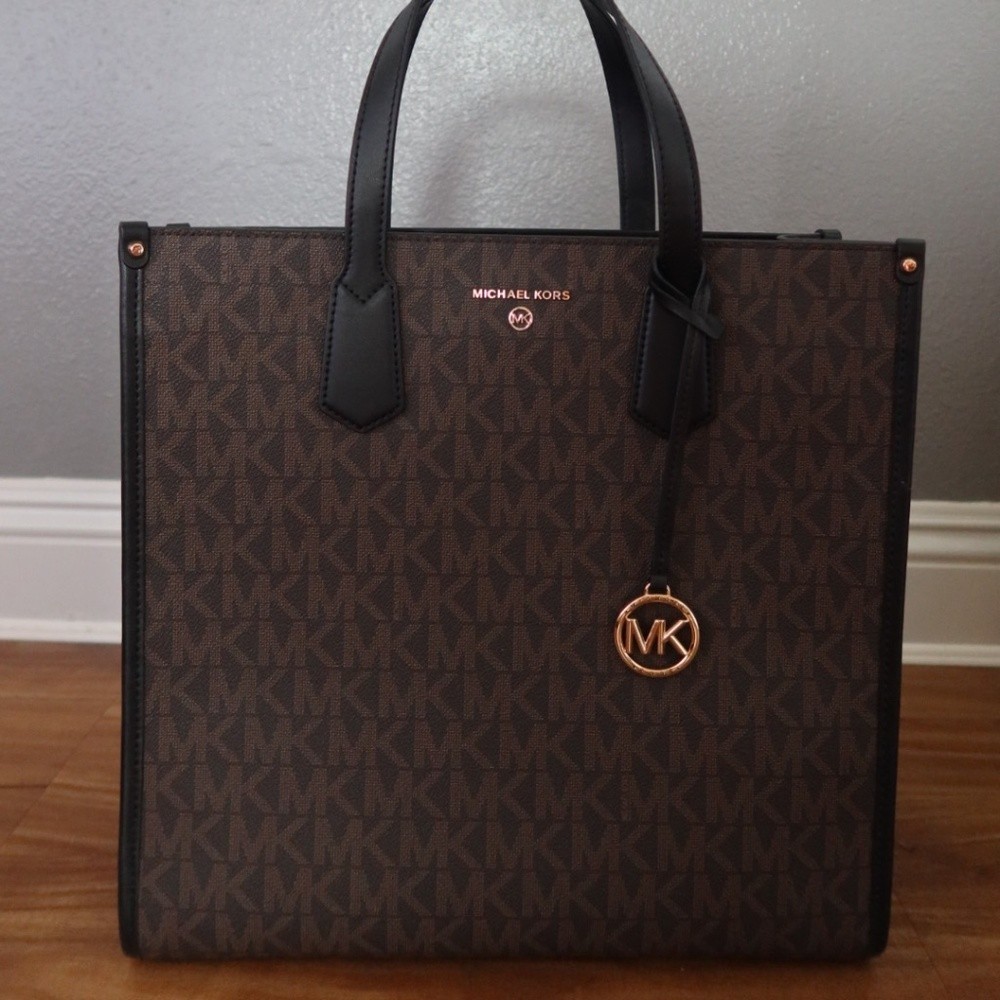 Michael Kors MK Monogram Tote Brown/Black Gold Hardware MK Charm Snap Pockets