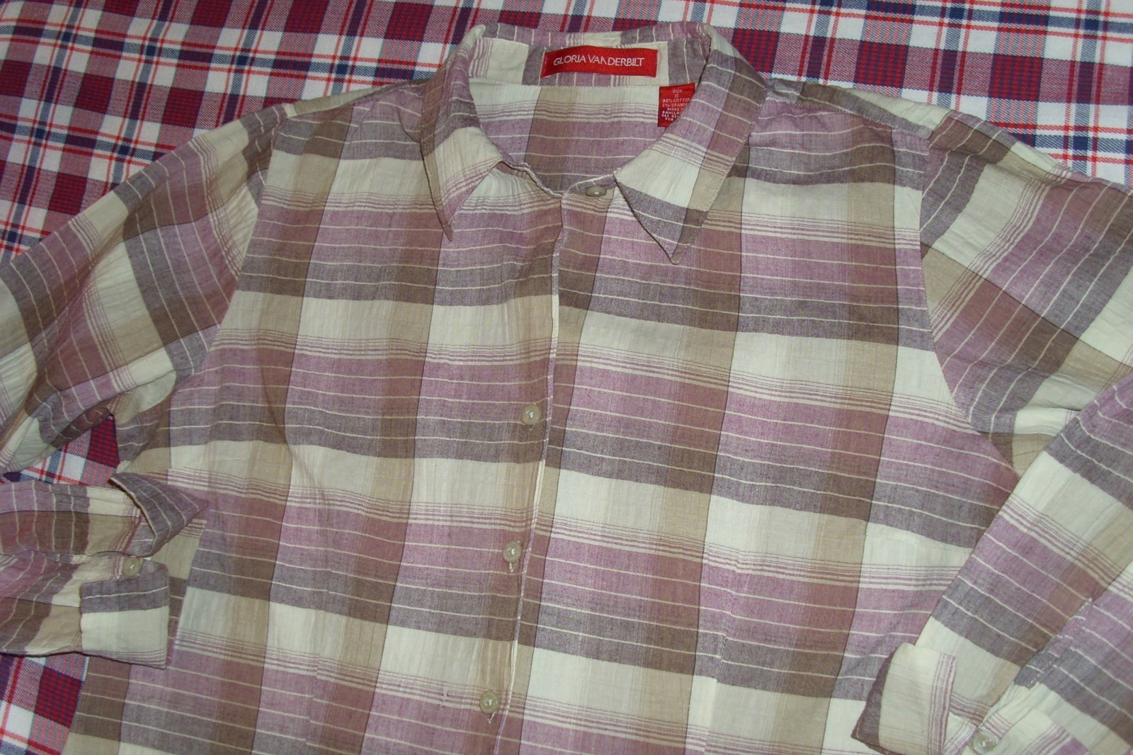 Gloria Vanderbilt-Women’s LS Blouse Sz S, Button-front,Cotton Blend, Mauve Plaid