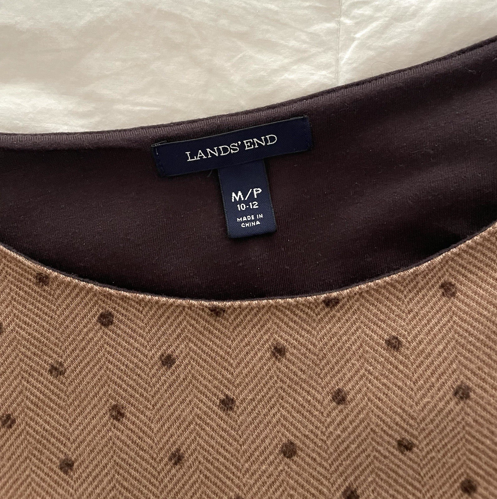 Lands’ End Women’s Brown Polka Dot/Herringbone Fit & Flare Dress MP 10-12