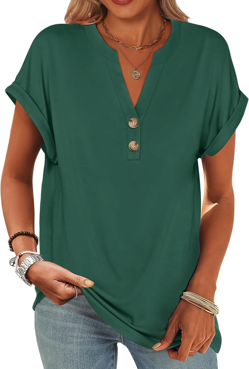 Womens Henley V Neck Short Sleeve Loose Fit Casual Summer Tunic Blouse Top