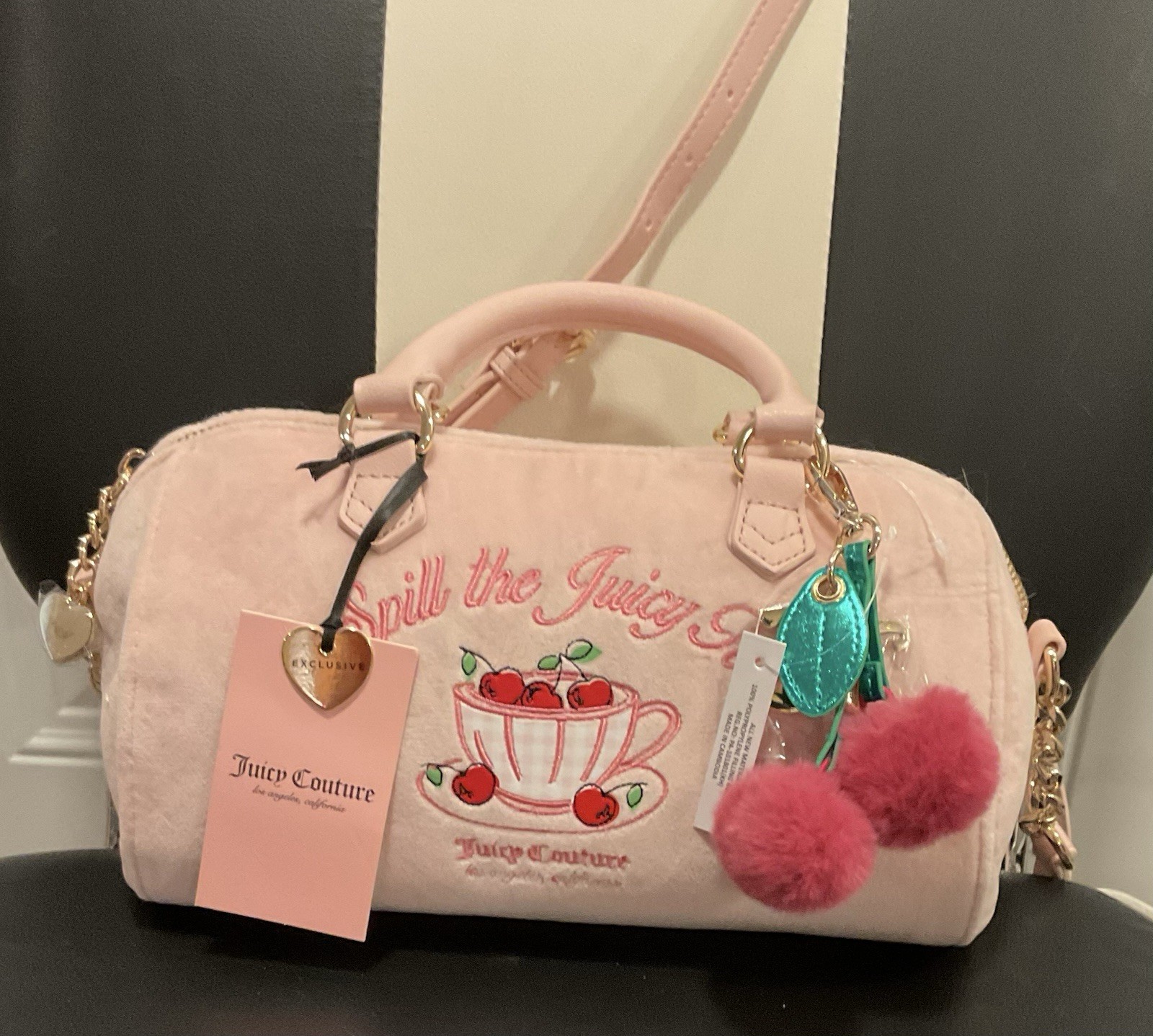 Juicy Couture Pink Embroidered Satchel Top Handle Zip Bag w/Charms, Strap