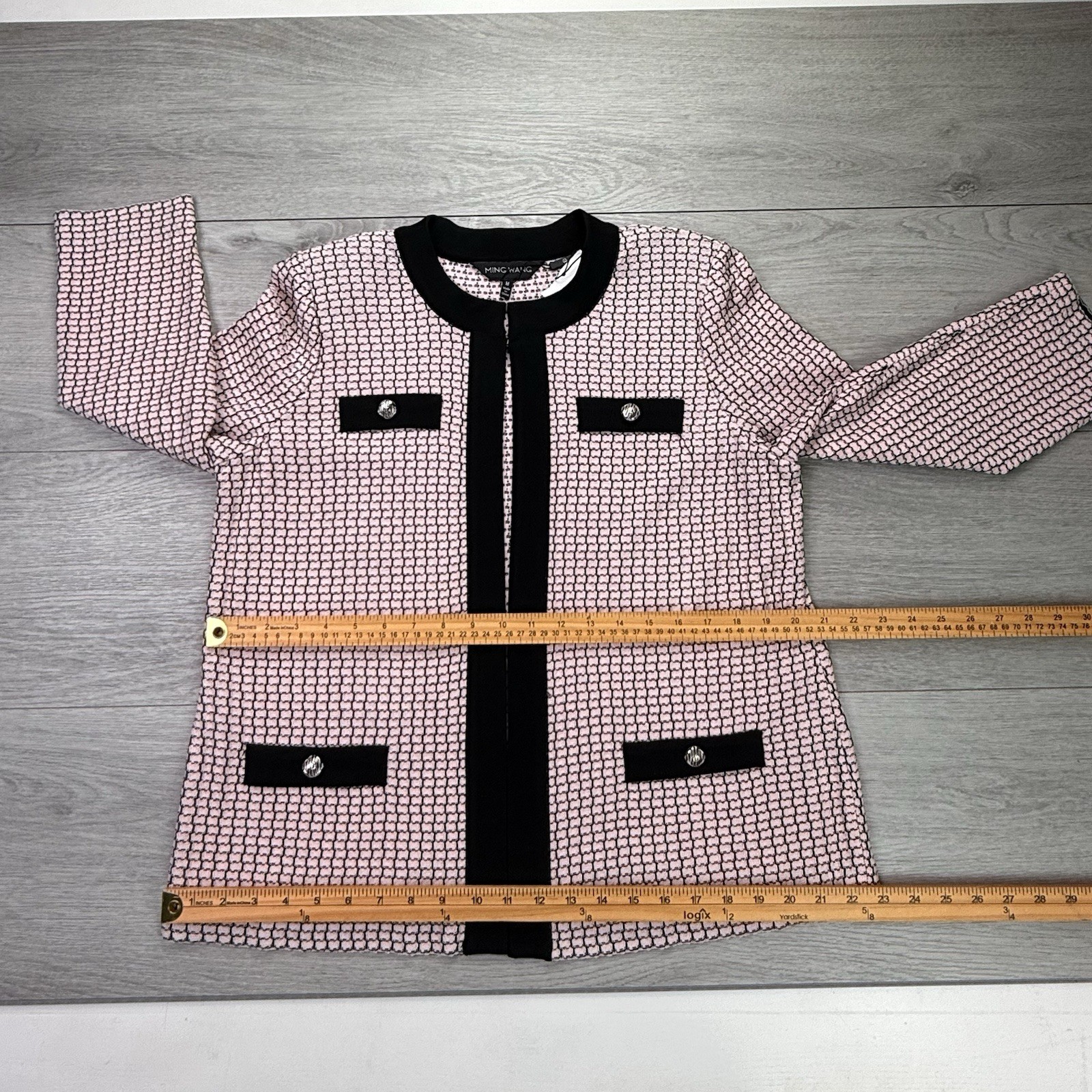 NWT Ming Wang Pale Pink & Black Knit Cardigan Sweater Jacket Top Heritage Fit M