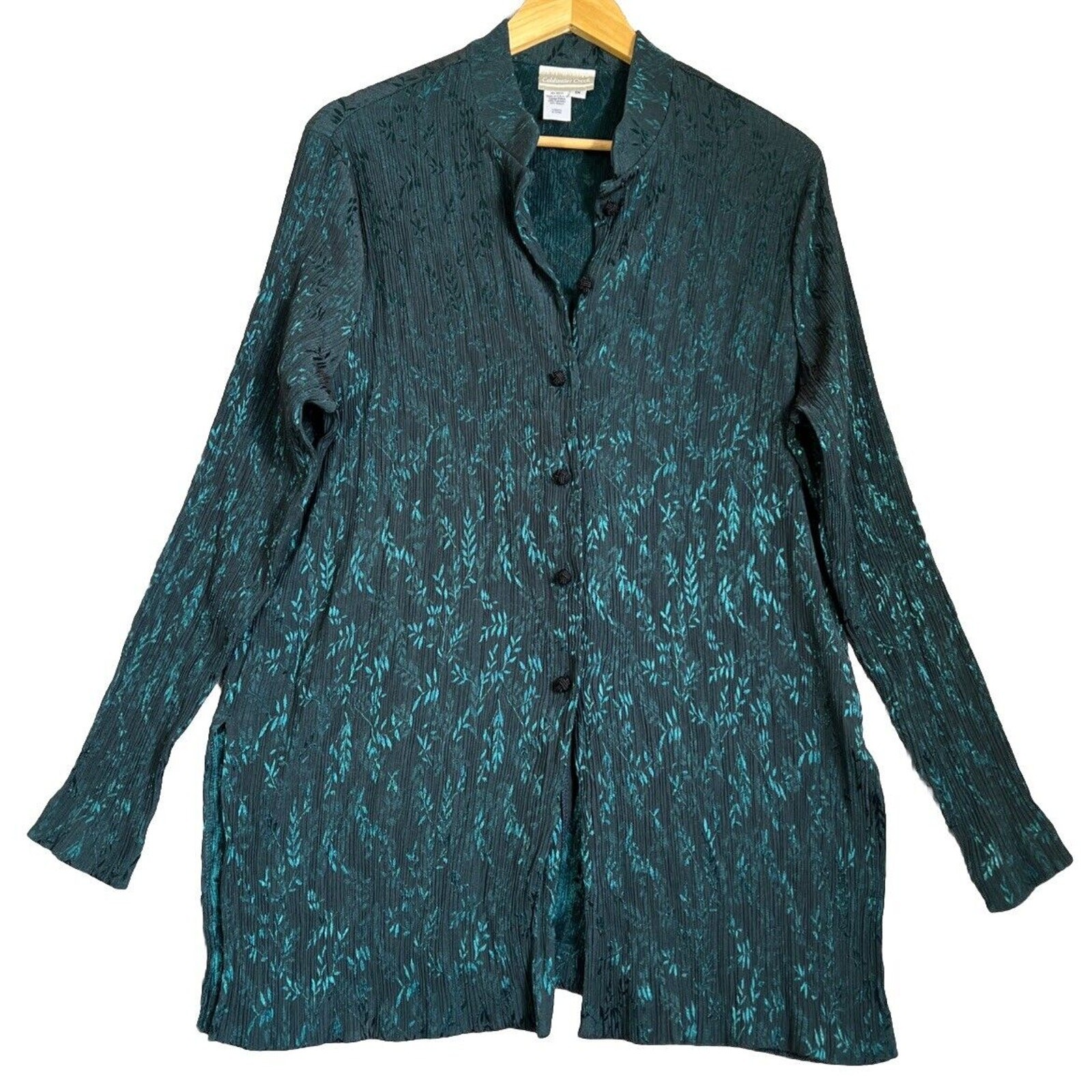Coldwater Creek Tunic XL Dark Green Floral Knot Buttons Crinkle Shimmer Cocktail