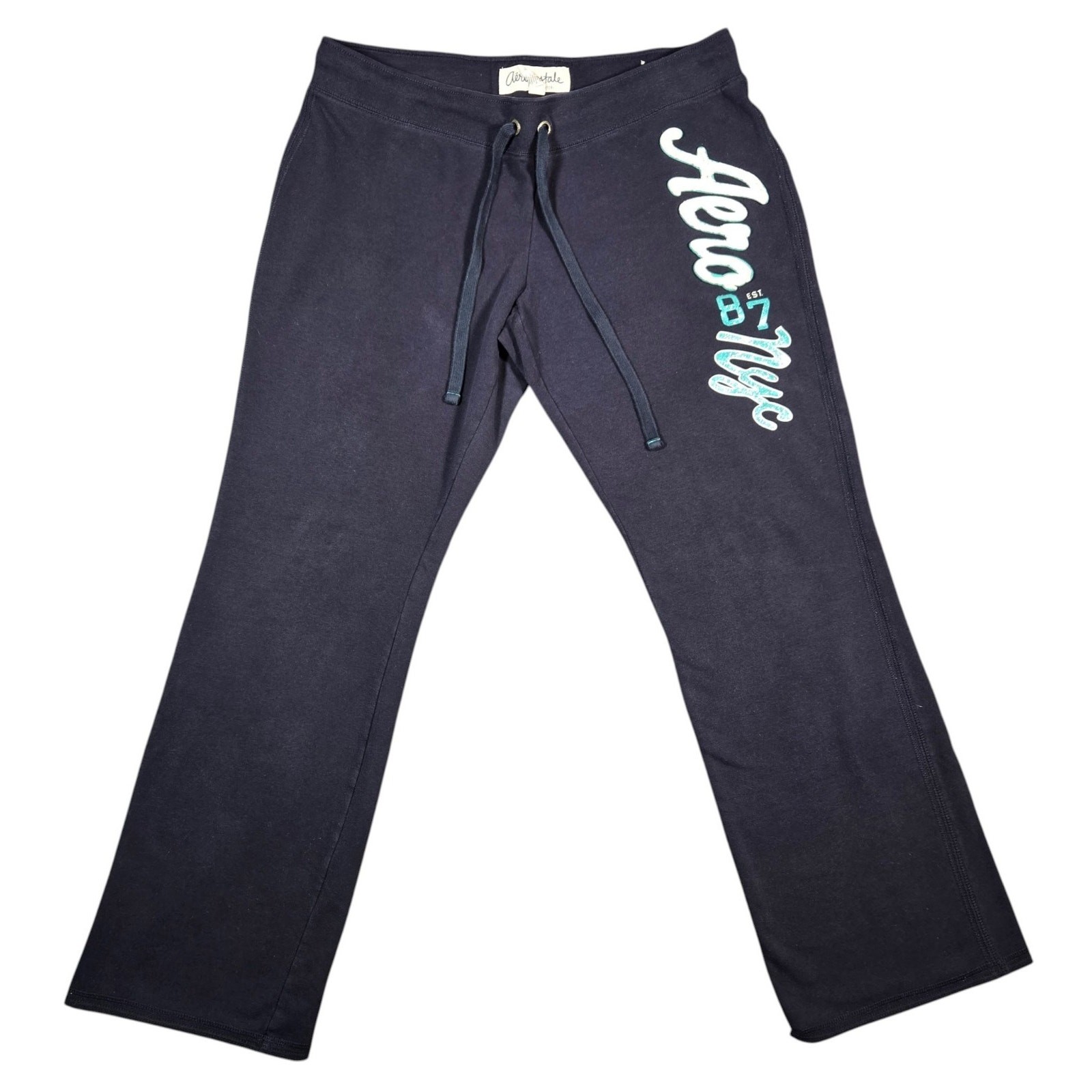 Vtg Aeropostale Y2K Sweatpants Spellout Size XL Navy Blue Wide Leg Bling Preppy