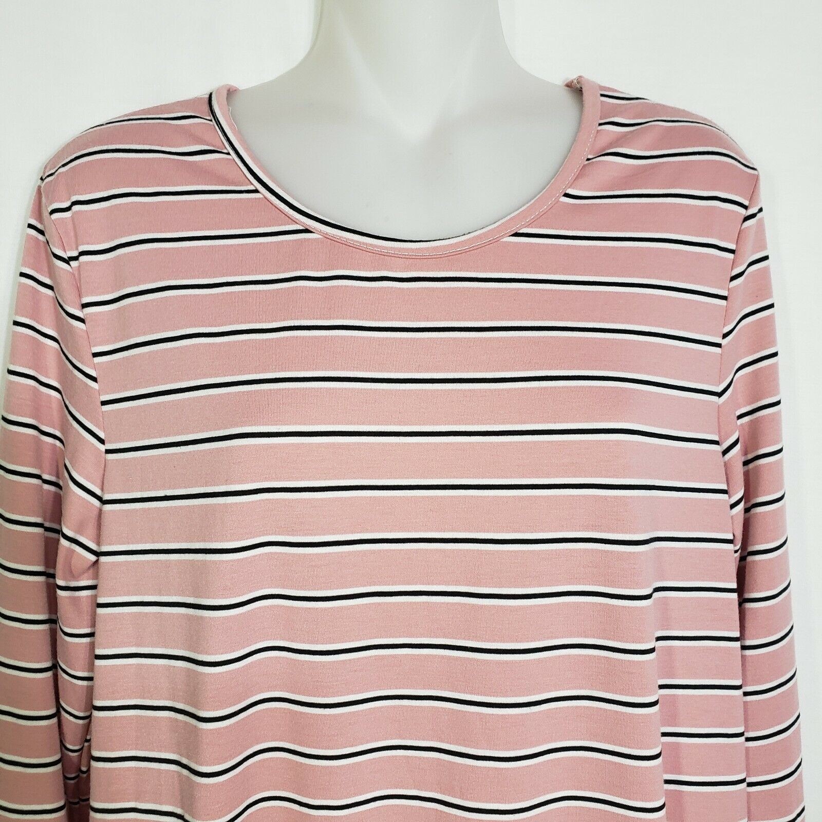 Lime N Chili Womens Top Large Tunic Peplum 3/4 Sleeve Striped Pink Stretch Crew