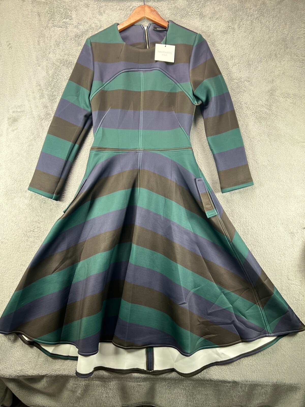 HAODUOYI Juniors 2XL Dress Green Stripe A Line Flare Open Back Long Sleeve NWT