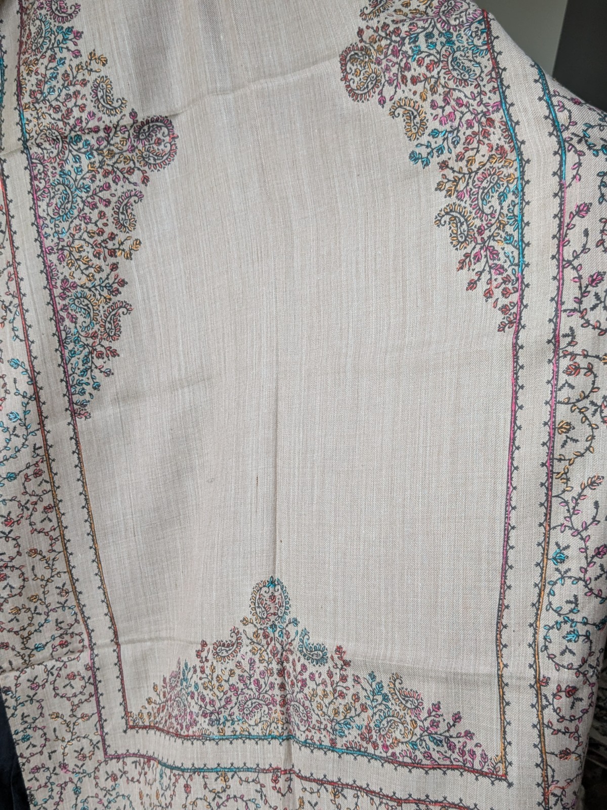 Kashmiri Embroidered Pashmina Shawl / Wrap Beige color hand made size 80″.x 29″.