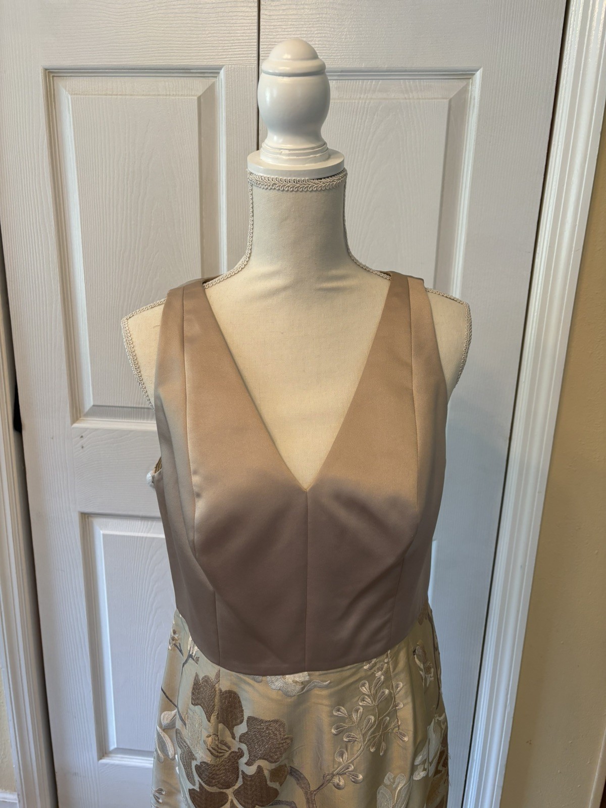 Kay Unger Satin Dress with Solid V Neck Top and Floral Brocade Bottom