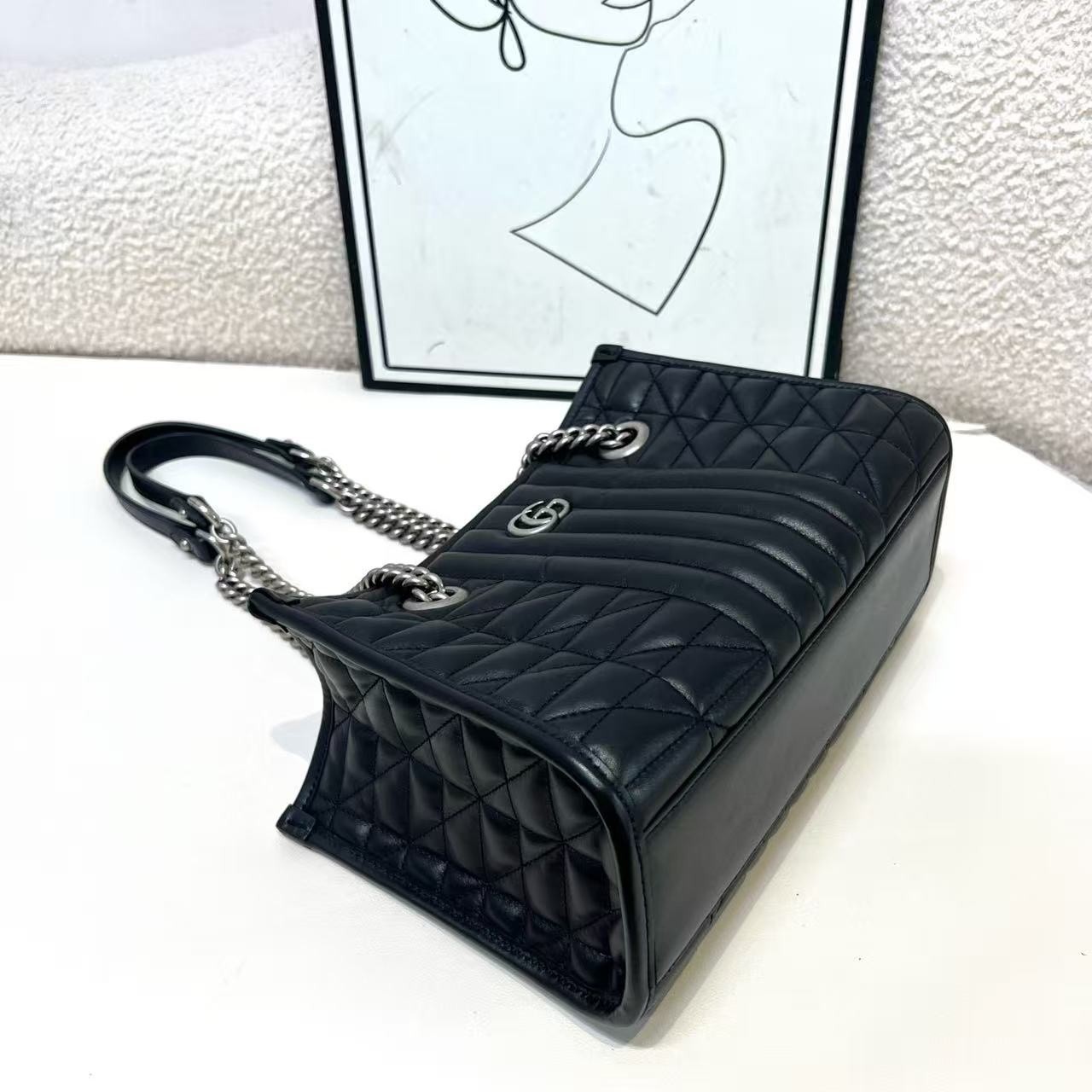 Gucci GG Marmont Black Medium Matelasse Leather Chain Tote Bag