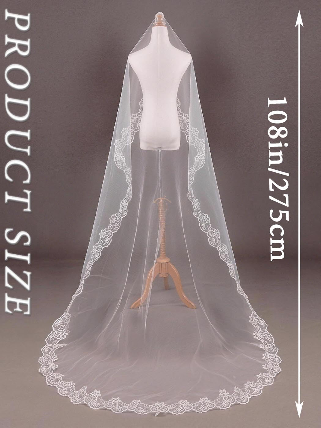 Cathedral Wedding Veil with Comb 1 Tier Lace Long Veils Lace Applique Veil for W