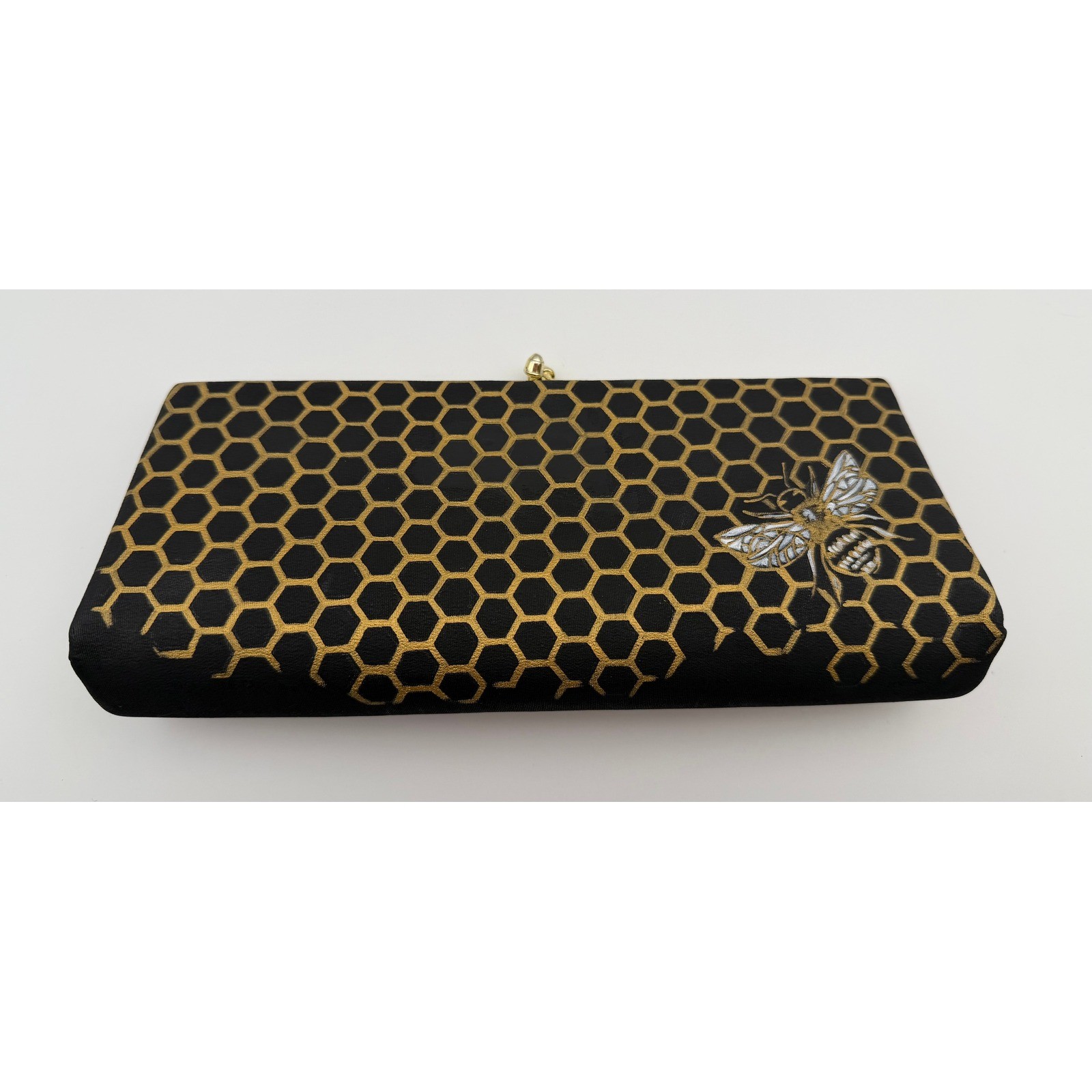 Mary Hamilton Queen Bee Hand Painted Black Gold Honeycomb Clutch Artist Signed