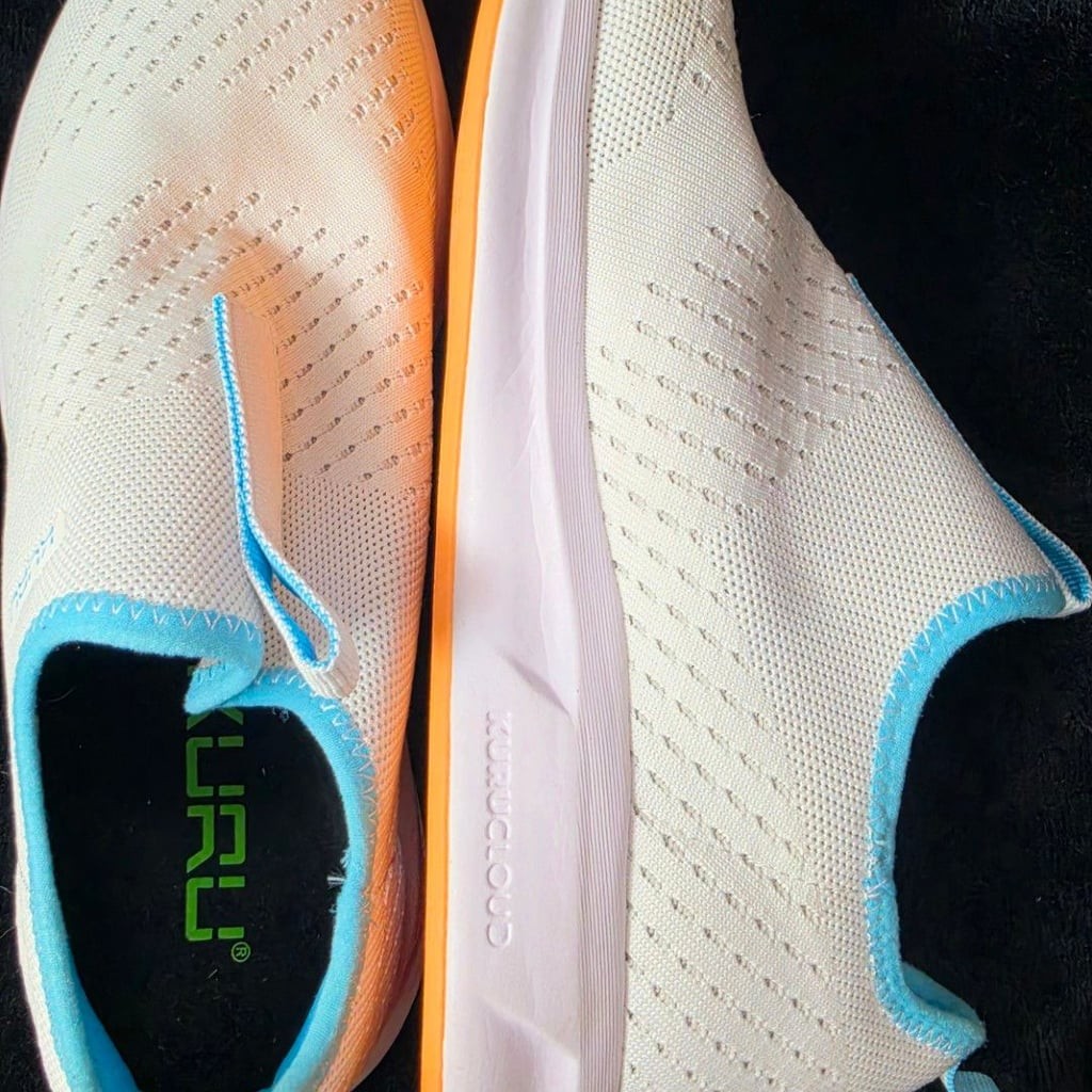 KURU Atom Women’s Slip-On Athletic Walking Shoes in Bright White and Topaz Blue,