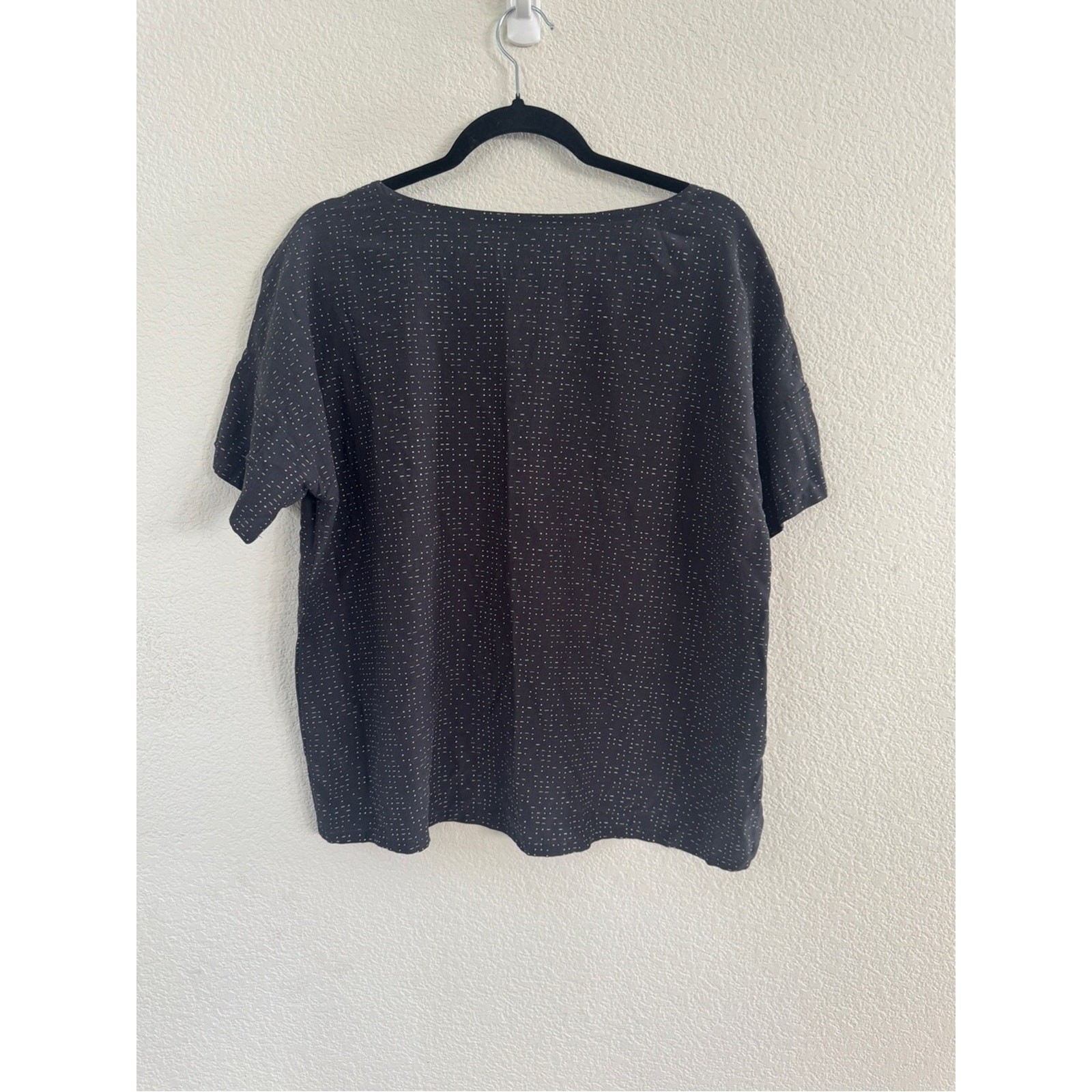 Eileen Fisher Black Short Sleeve Boxy Top with Subtle Dot Texture Medium