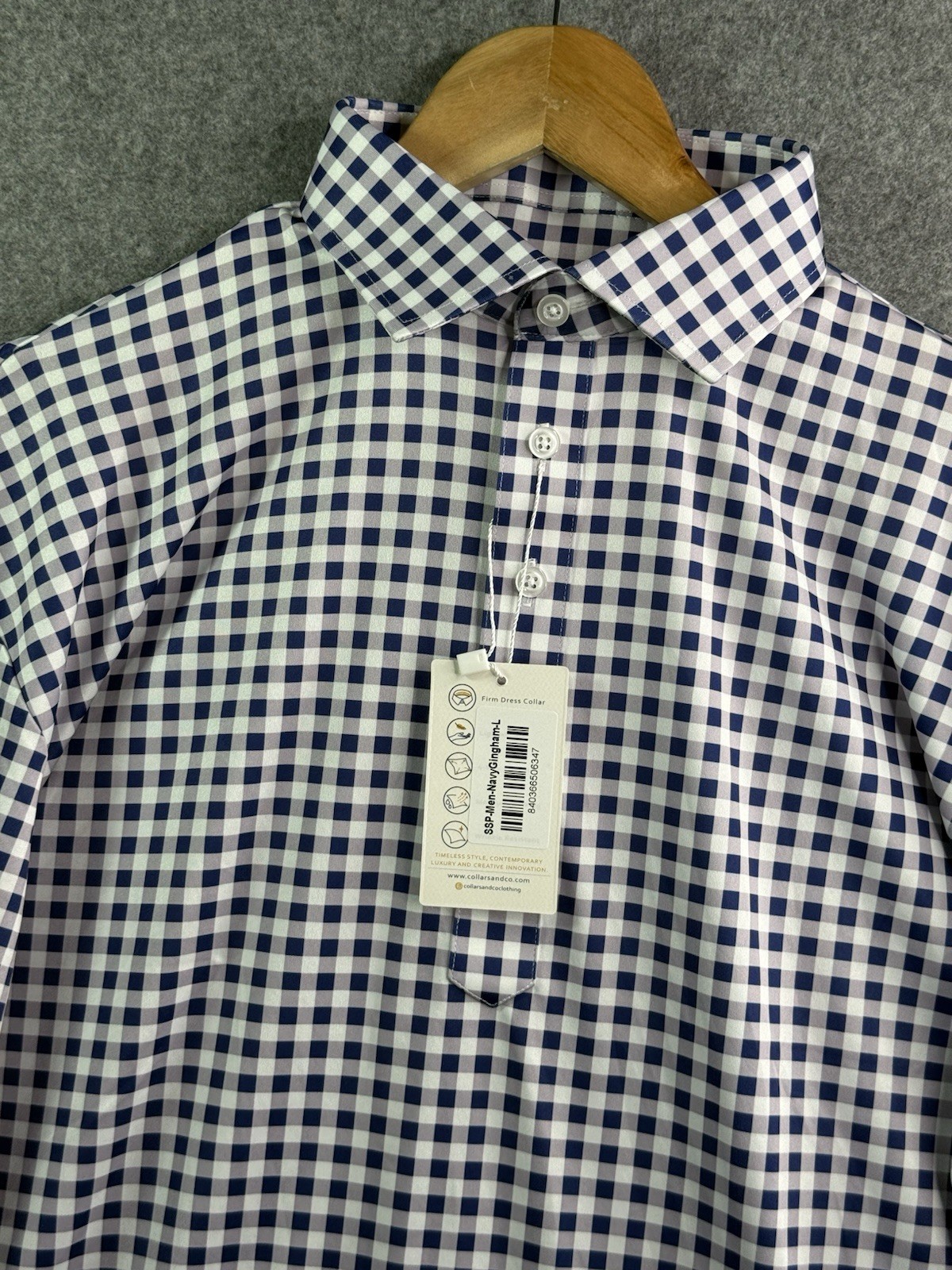 Collars & Co Navy Gingham Dress Collar Polo Shirt Large NEW