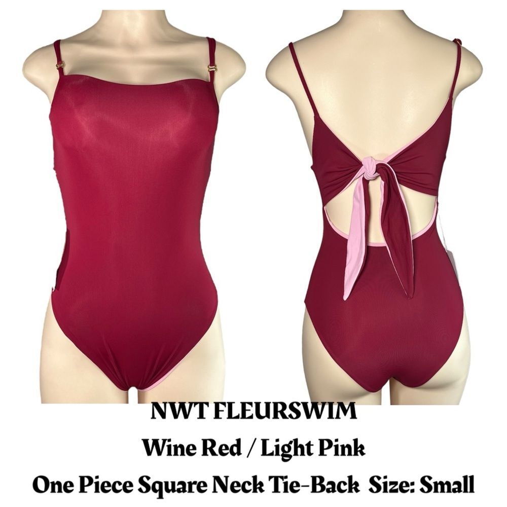 NWT FLEURSWIM Wine Red / Light Pink One Piece Square Neck Tie-Back Size: Small