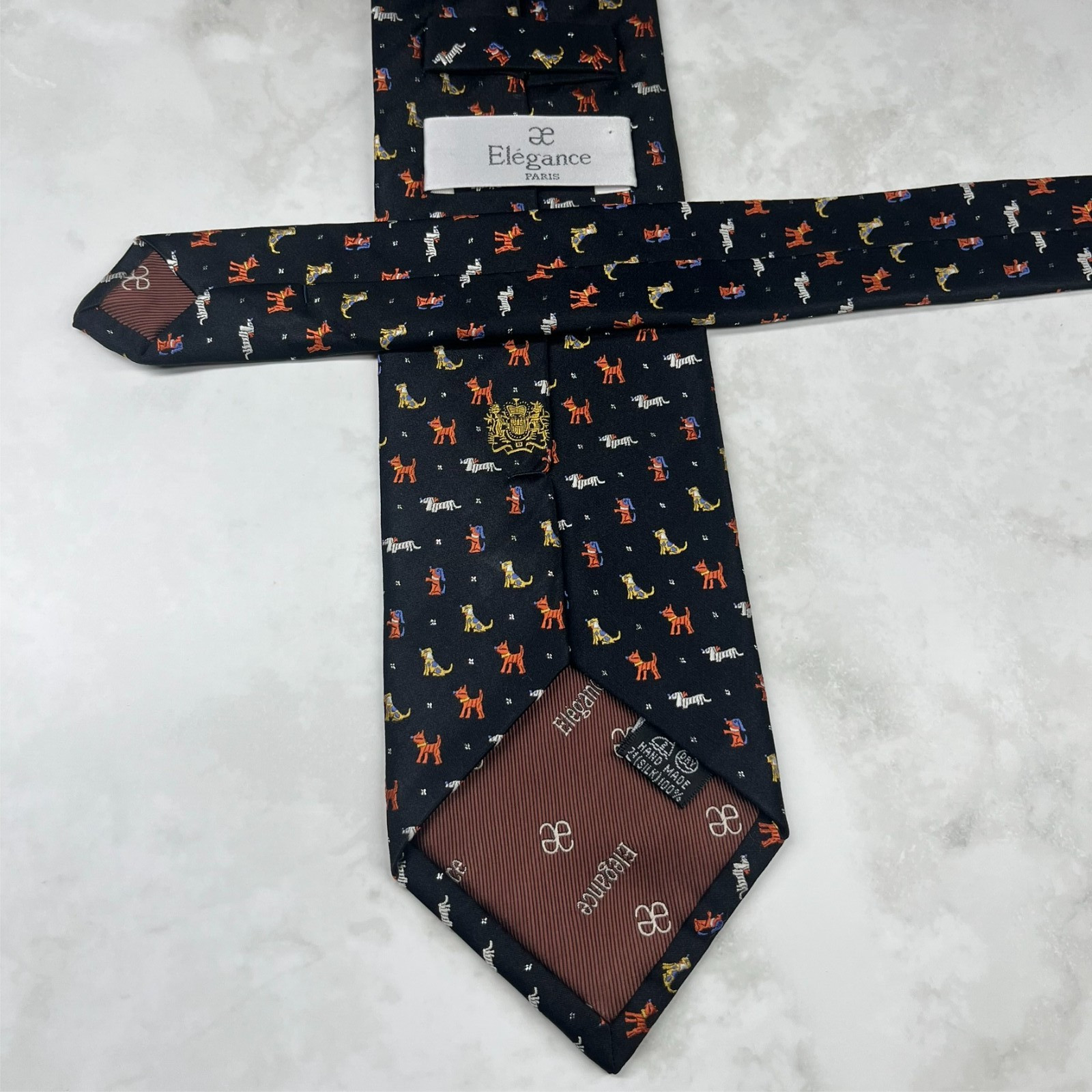 Elegance Paris Silk Men’s Necktie Geometric All Over Dog Print Crest Black
