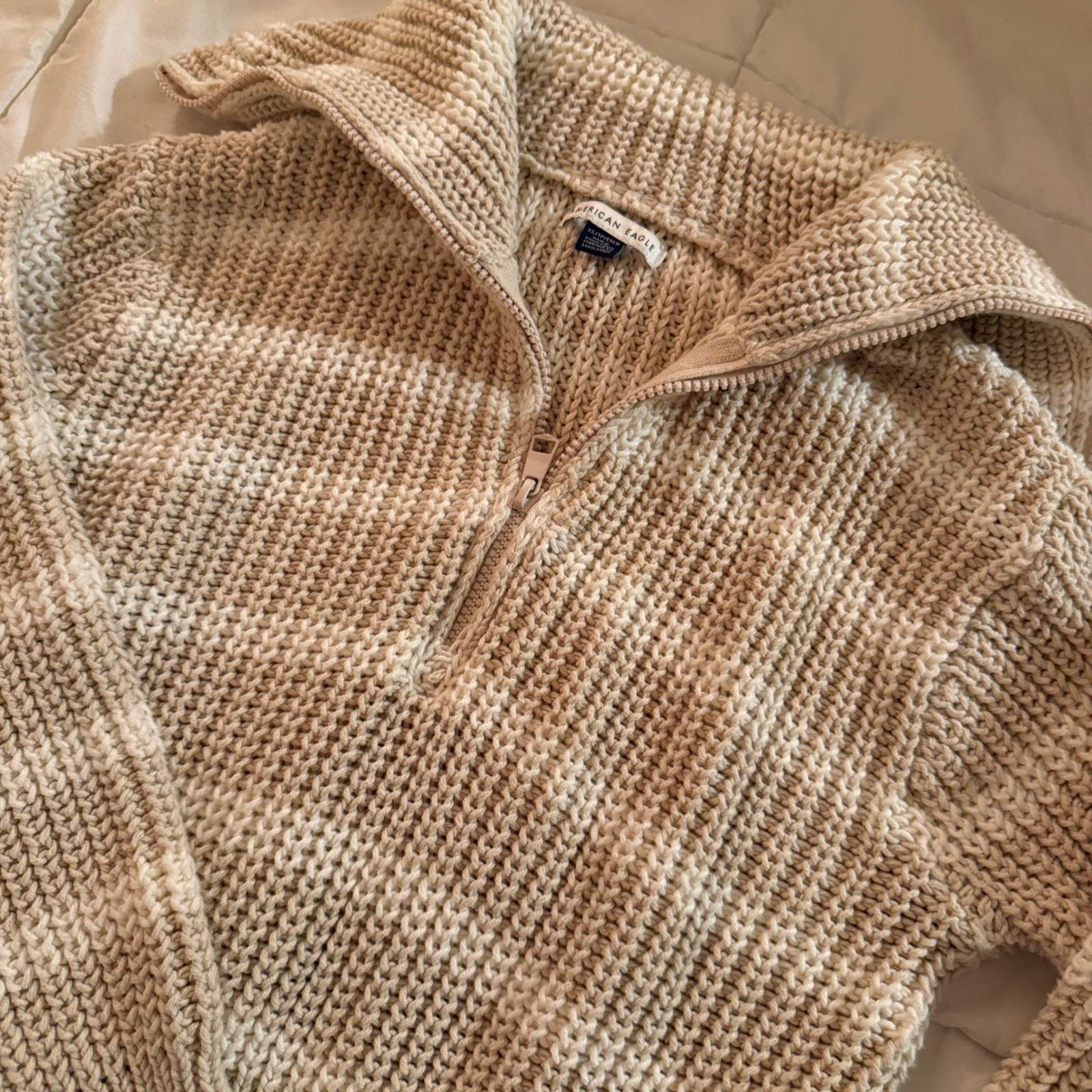 American Eagle Tan Striped Quarter Zip Shaker Knit Sweater XS Neutral Pullover