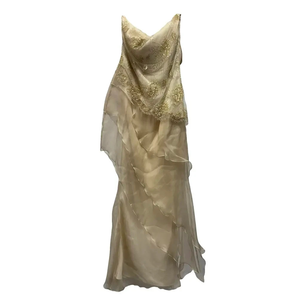 David Fielden Bride Silk Evening Gown Beaded Lace Gold, retail price €3600