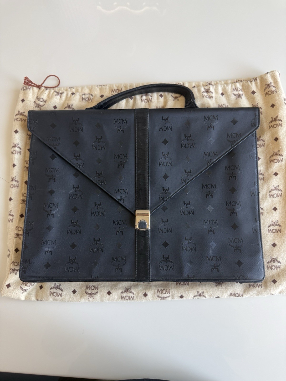 MCM Black Logo Briefcase/Document Case Top Handle Push Lock Zip, Inner Pockets