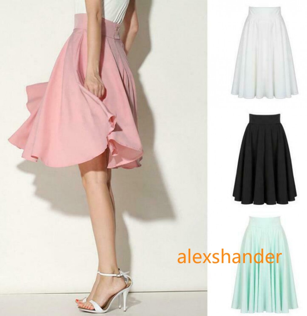 New Women Midi Flared Knee Length Skater Skirt Ladies Stretch Office Work Skirt