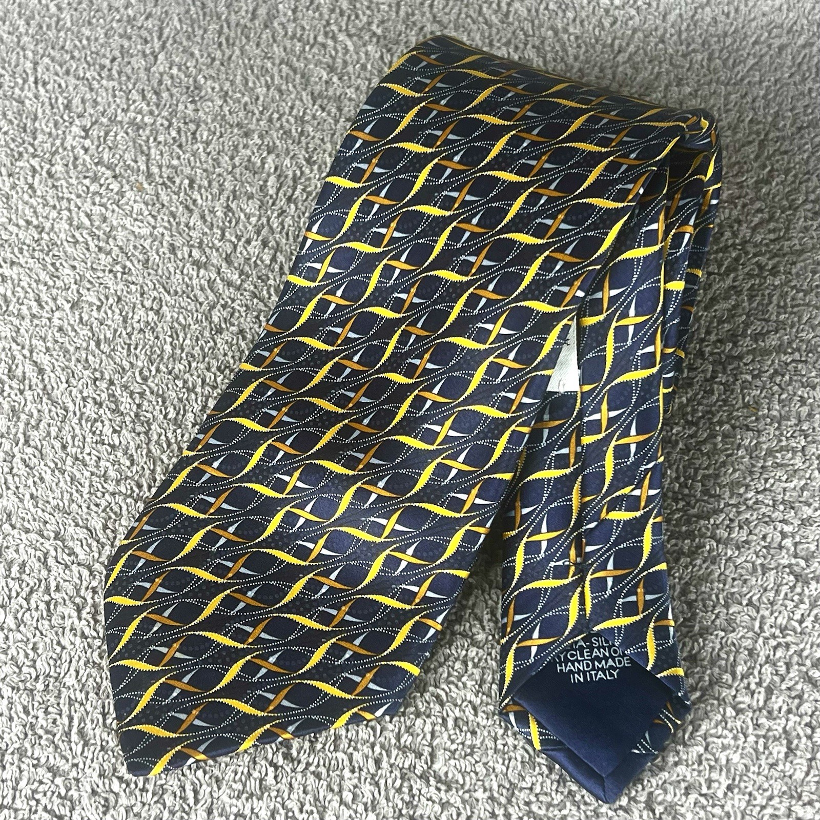 Italo Ferretti Italy Maus & Hoffman Navy, Blue, Gold, Copper Silk Tie 64” Long
