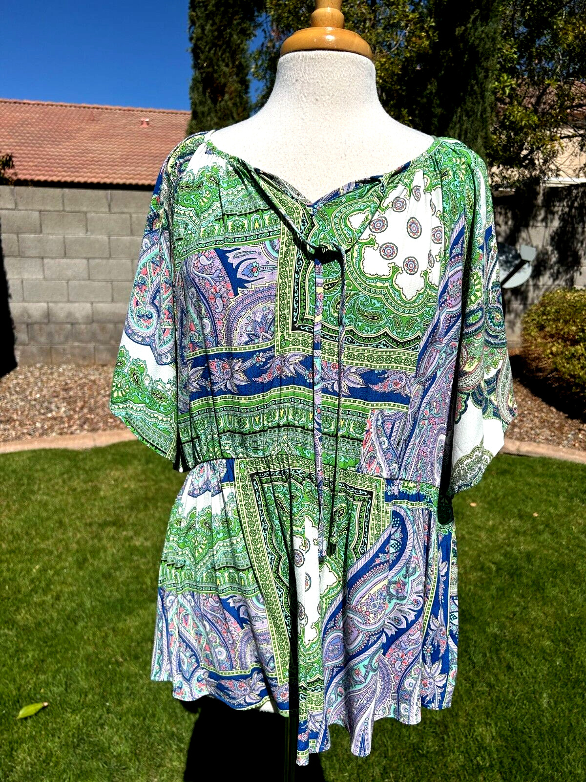 Karen Kane Ruffle Hem Peasant Tunic Top Plus Size 2X Going Green Print $149 NWT