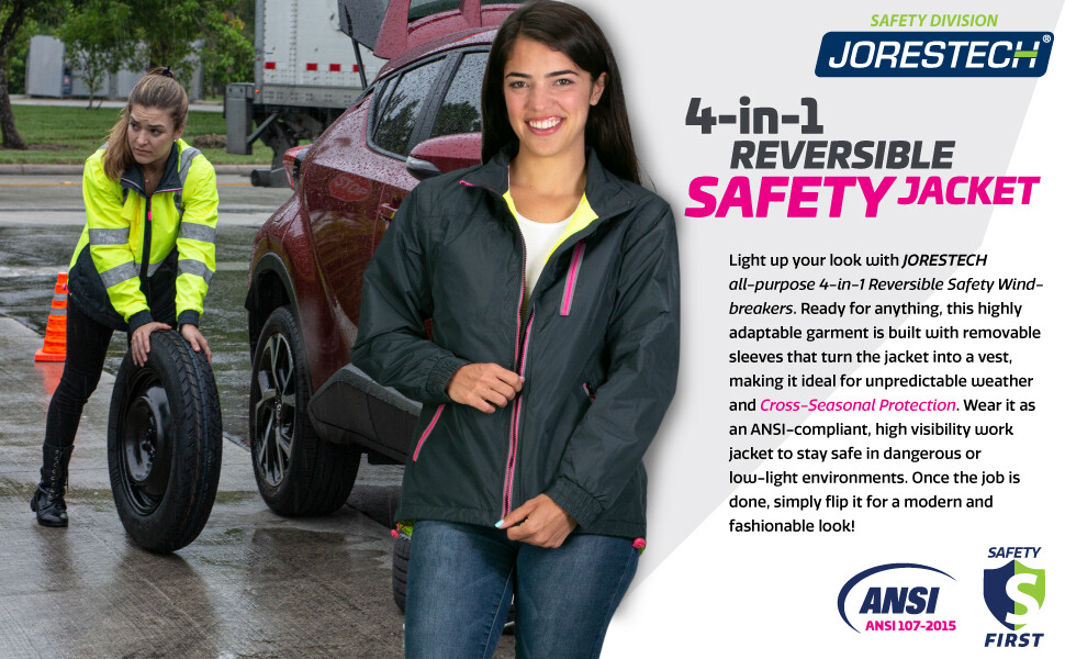 4 in 1 Hi Vis Visibility Reversible Women Safety Jacket JORESTECH Windbreaker
