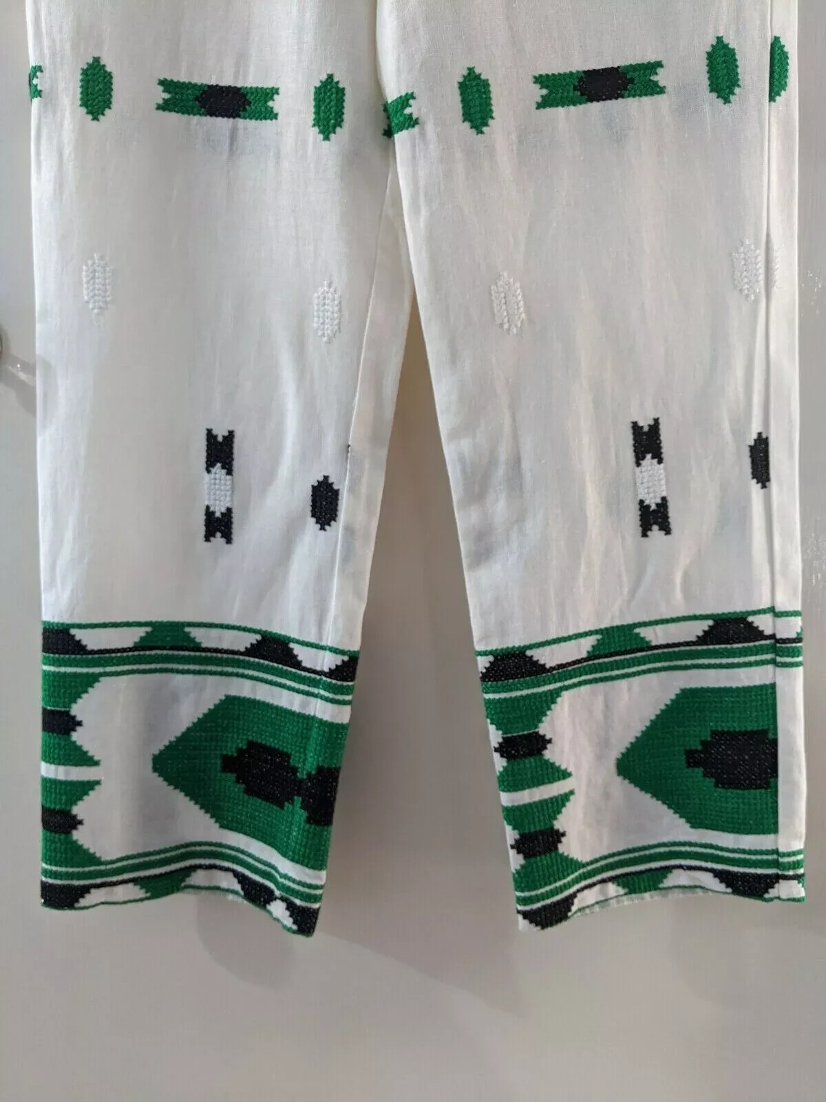 Zara White and Green Linen Blend Embroidered Trousers Size S RRP £49.99