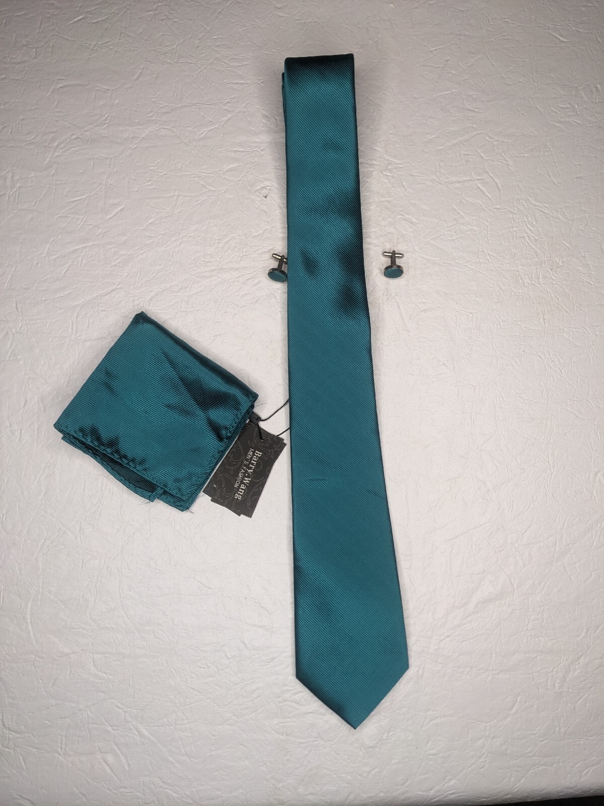 Barry Wang Men’s Silk Teal Necktie Pocket Cufflink Set Class A NWT 150CM