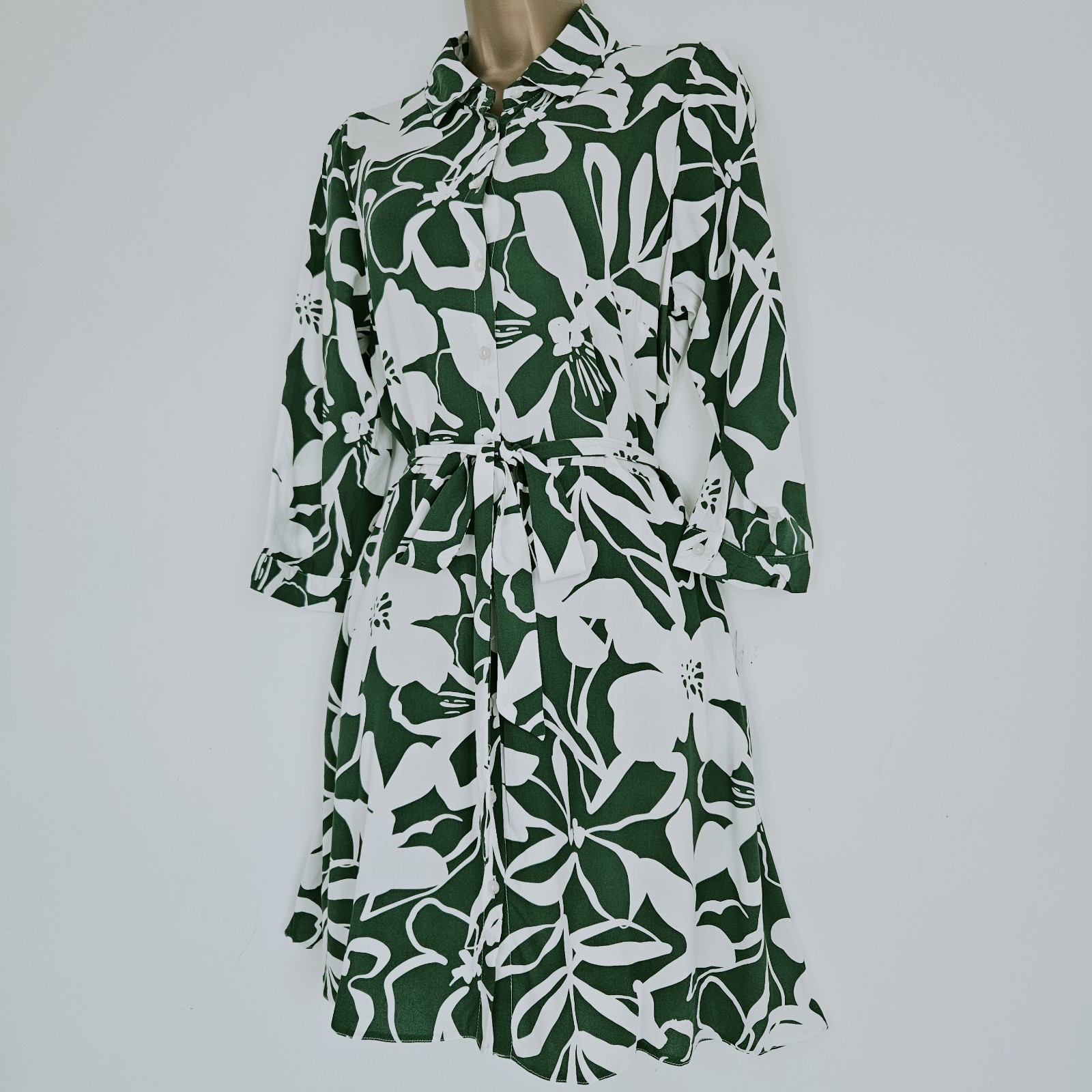 NEW Ex Roman 10-22 Collared Green White Floral Printed Belted Tea Shirt Dress