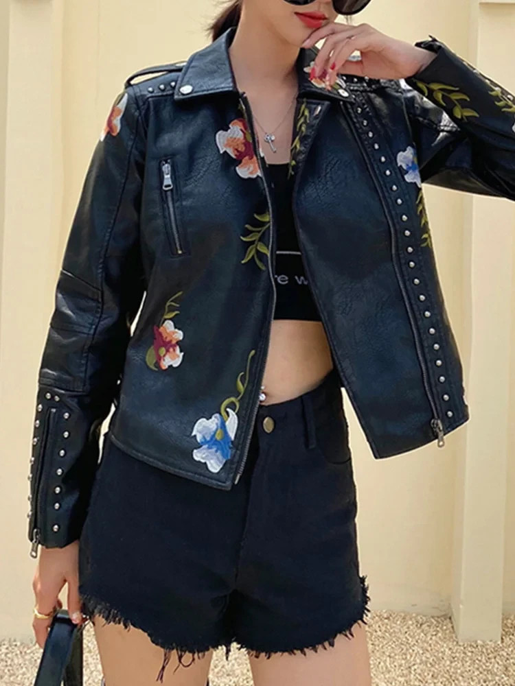 Embroidered Leather Jacket Flowers Embroidery PU Faux Leather