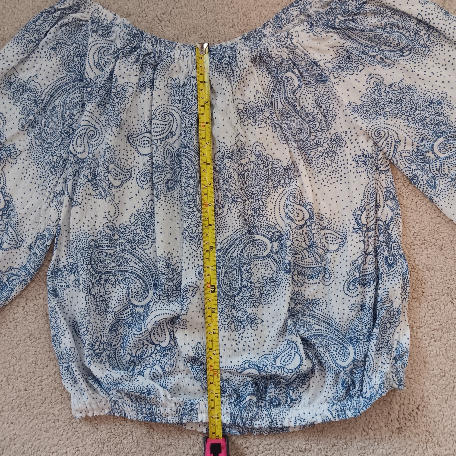 Tommy Hilfiger Paisley Peasant Blouse Blue White Smocked Off Shoulder Top Medium