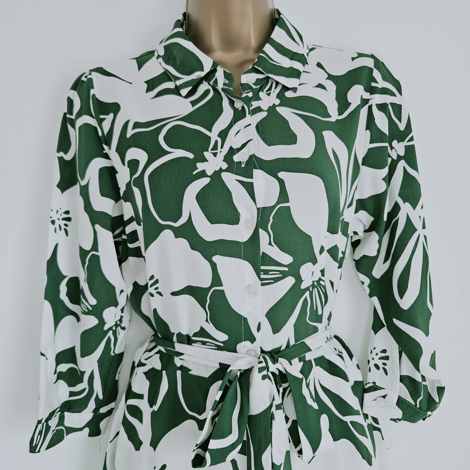 NEW Ex Roman 10-22 Collared Green White Floral Printed Belted Tea Shirt Dress
