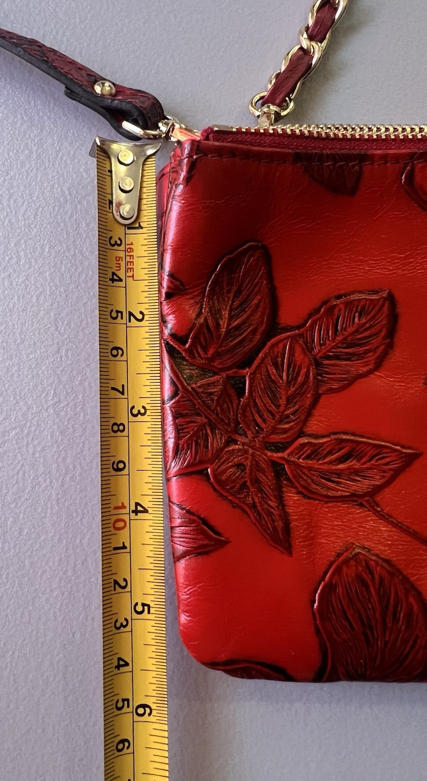 Cuoieria Fiorentina Red Floral Whimsigoth Embossed Crossbody Bag Chain Zip Gold