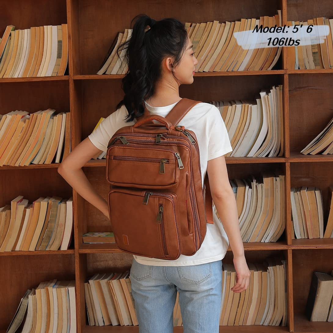 Vegan Leather 15.6 Laptop Backpack Briefcase Hybrid Travel Work Bag Brown