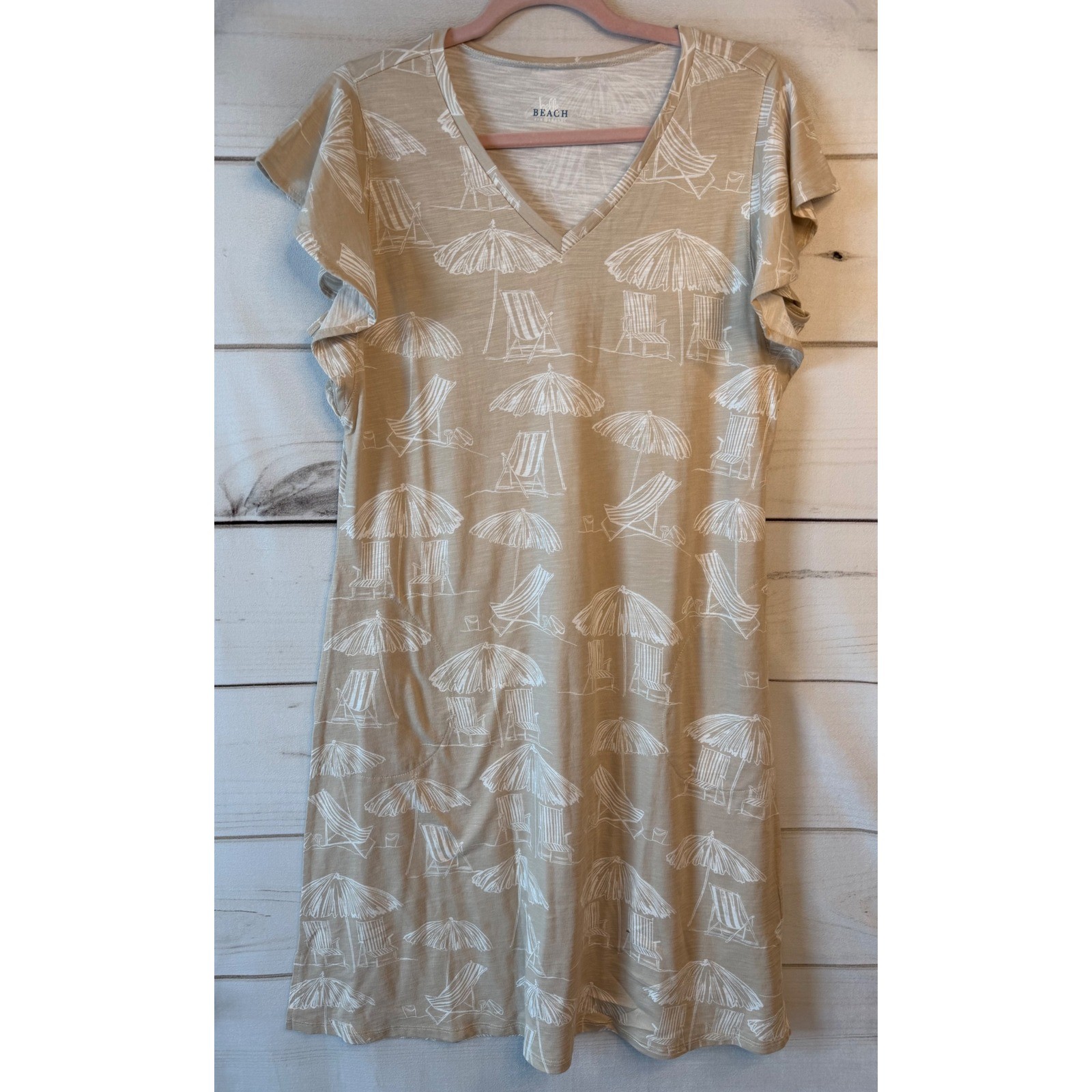 Belle Beach Kim Gravel Tan Beach Print Flutter Sleeve V-Neck Dress Medium