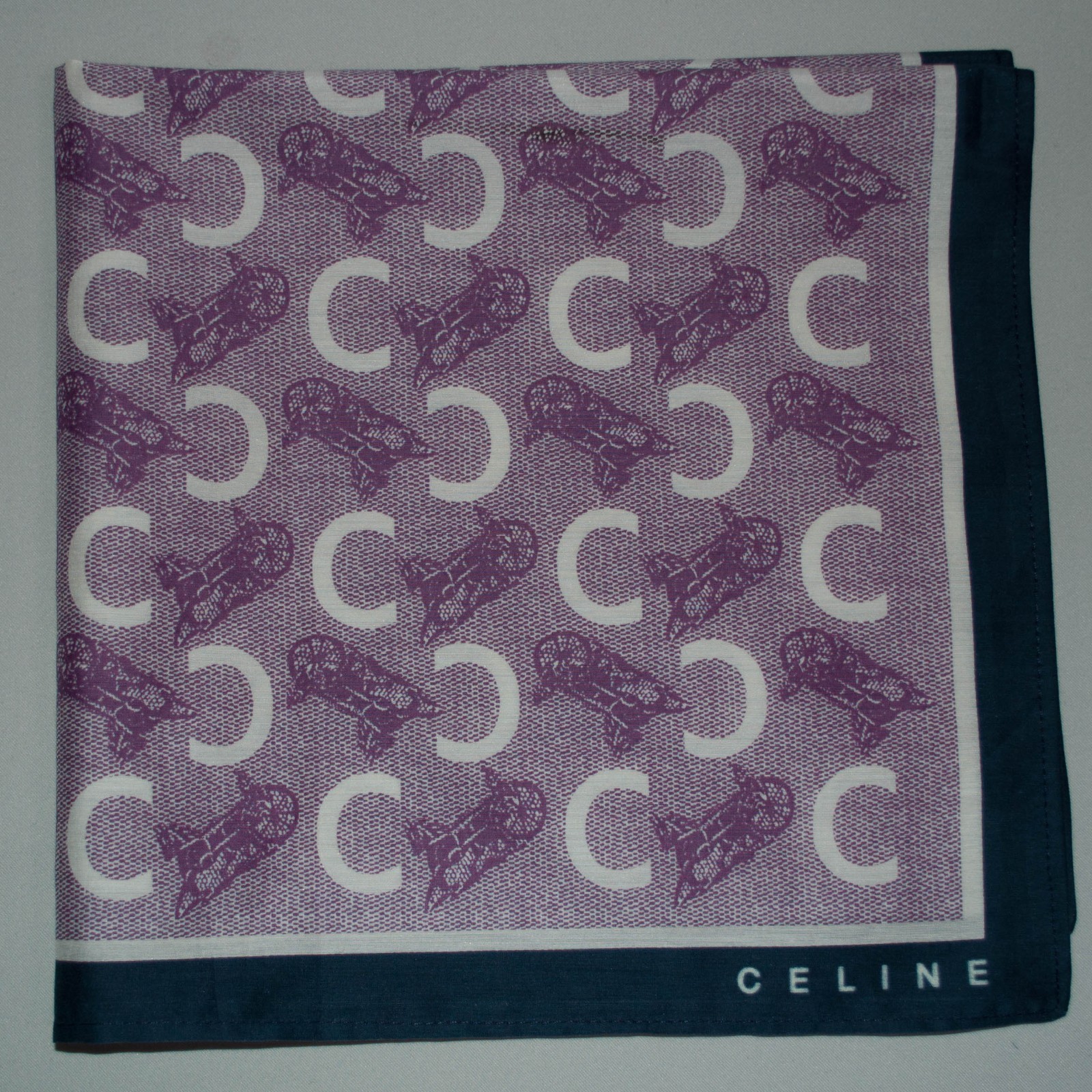 Celine horse and carriage pattern mulberry silk & cotton scarf Logo 47x47cm.