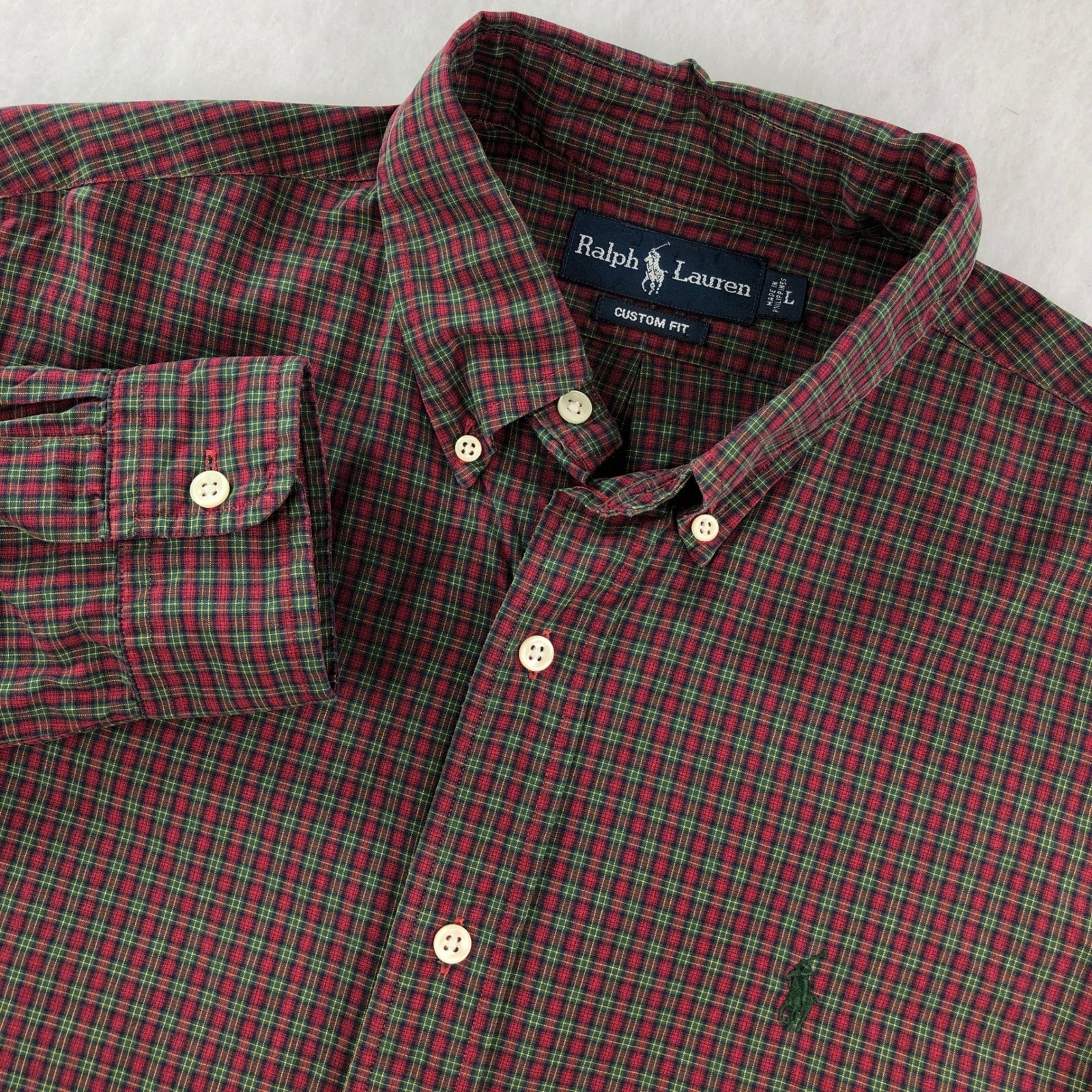 Ralph Lauren Mens L Red Green Plaid Custom Fit Long Sleeve Button Down Shirt